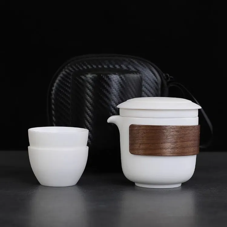 素烧羊脂玉白瓷快客杯一壶三杯泡茶壶功夫旅行便携包收纳茶具套装