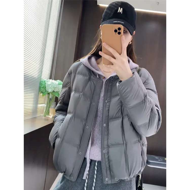 方块圆领白鸭绒羽绒服女短款2025冬季新款韩系小个子轻薄保暖外套