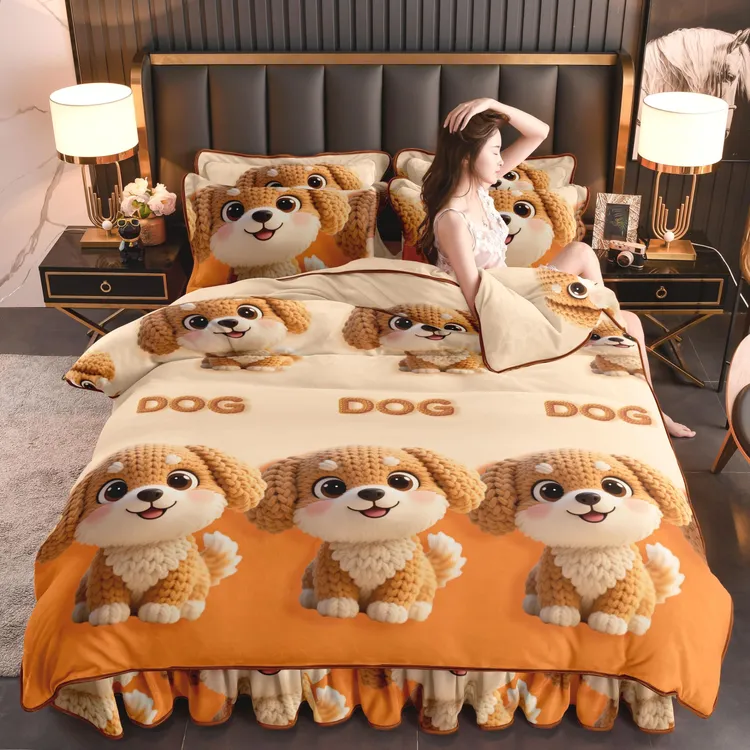 爱哩屋5D秋冬加厚床裙款卡通牛奶绒四件套保暖双面绒床单学生宿舍