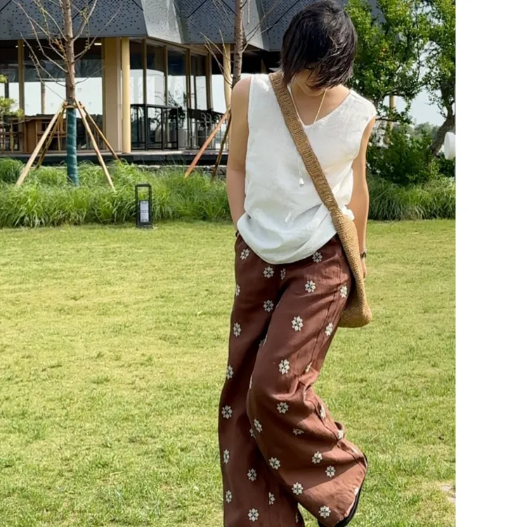 100亚麻直筒裤 花纹夏季高腰休闲裤宽松小众 W-218