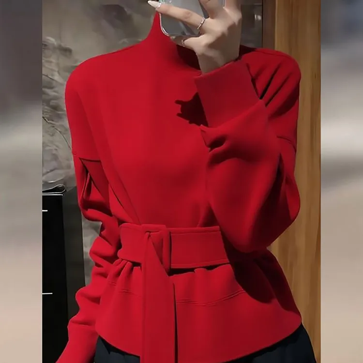 红色高领卫衣女秋冬时尚高级感减龄宽松显瘦收腰系带加厚保暖上衣