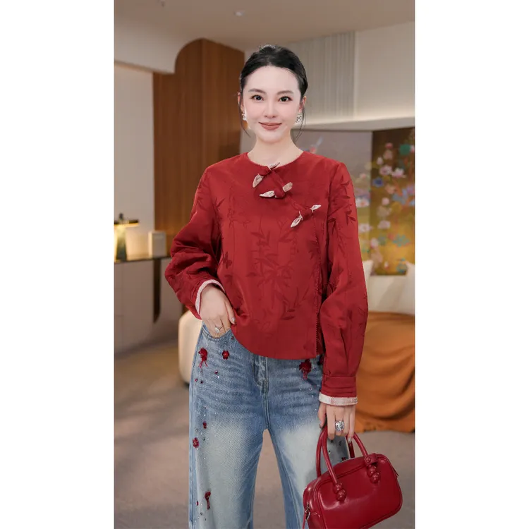 辰曦同款【红燃】早春款新中式人丝提花上衣