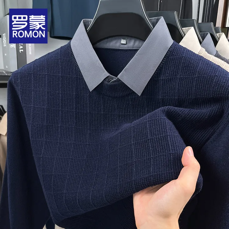 罗蒙男士假两件翻领毛衣男秋冬季休闲男装保暖打底针织衫上衣男款