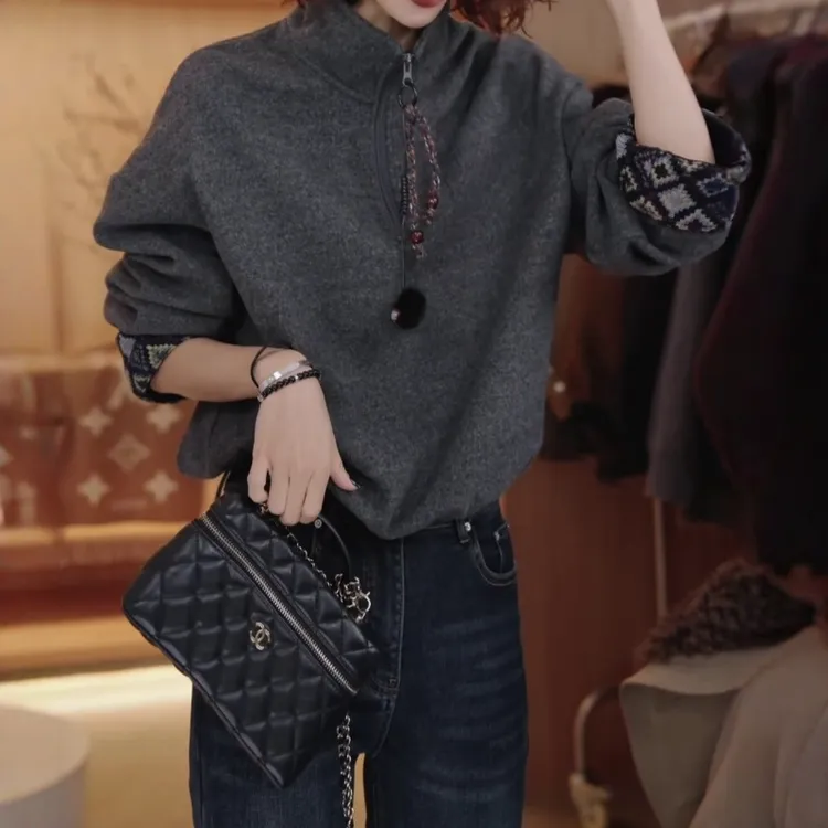 韩版半拉链立领短款卫衣女小个子2025秋冬款休闲百搭洋气潮流上衣