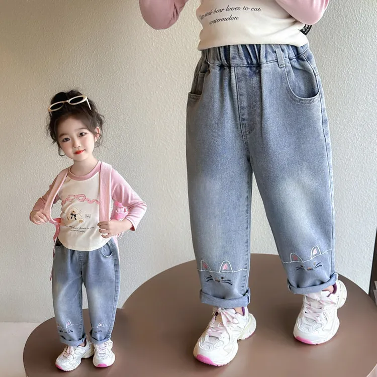 （猫咪刺绣)2025中小童春秋款刺绣款百搭萝卜裤儿童女童牛仔裤