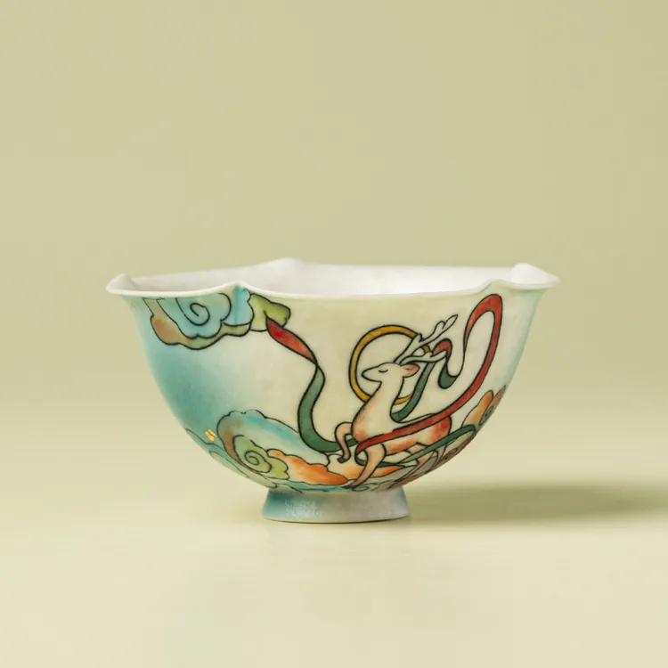 赞朴功夫茶杯陶瓷纯手绘云鹿呈祥花口主人杯家用单个喝茶杯子茶盏