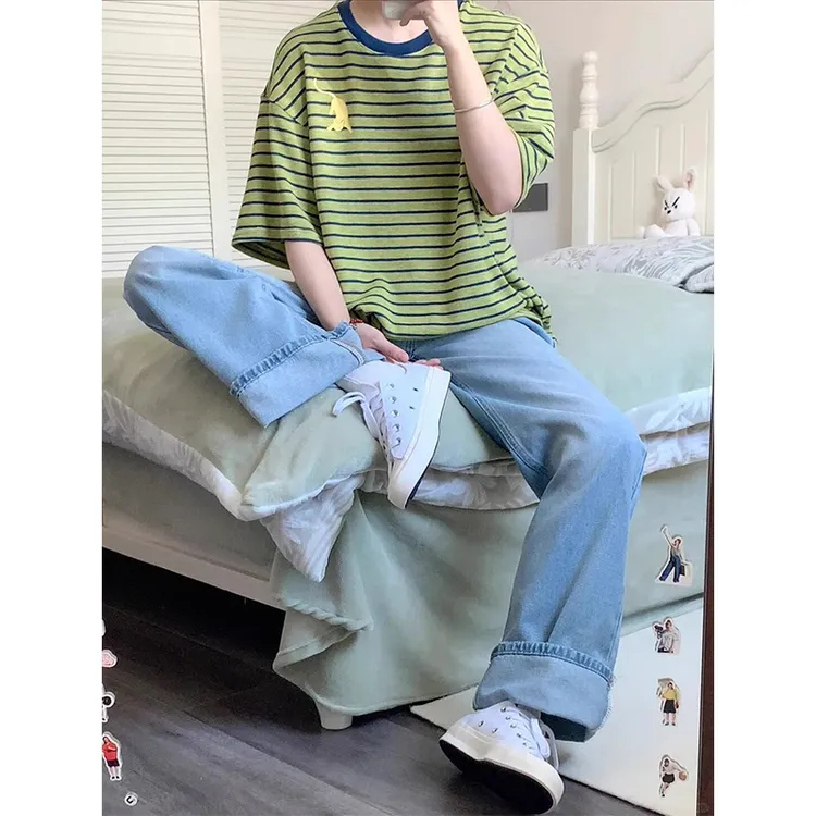 绿色条纹印花落肩袖t恤女夏季重磅垂感宽松显瘦体恤五分半袖上衣