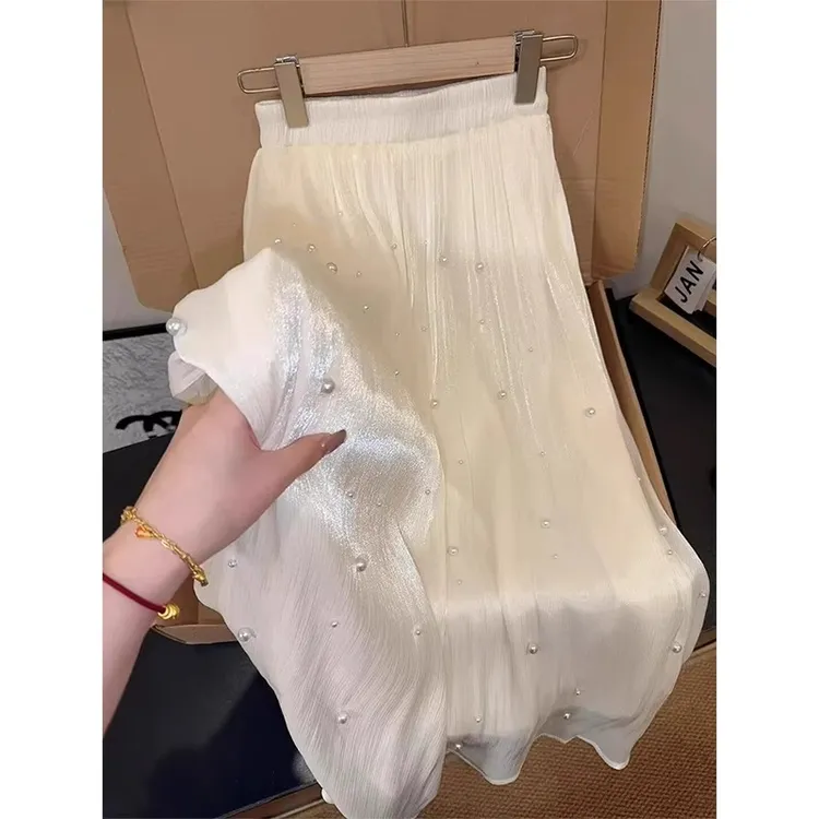 钉珠珠光半身裙女夏季新款高腰垂感流光纱裙气质百搭中长款伞裙潮