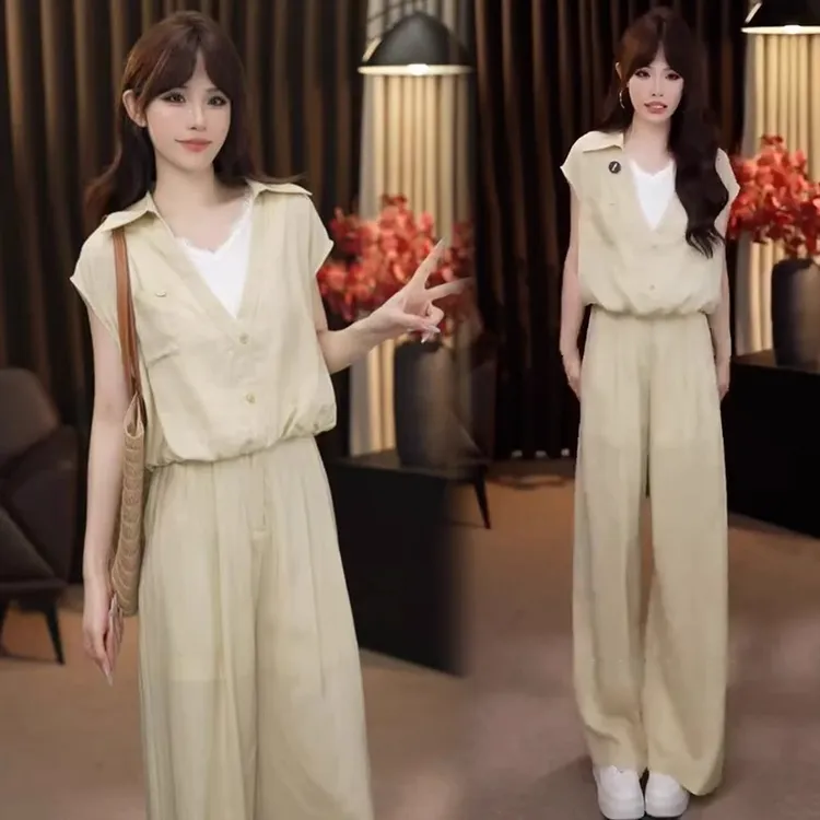 时尚套装女2025夏季新款气质显瘦假两件拼接短袖上衣阔腿裤两件套