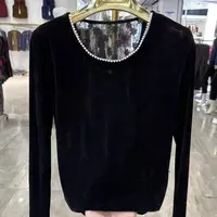 钉珠丝绒蕾丝拼接长袖上衣