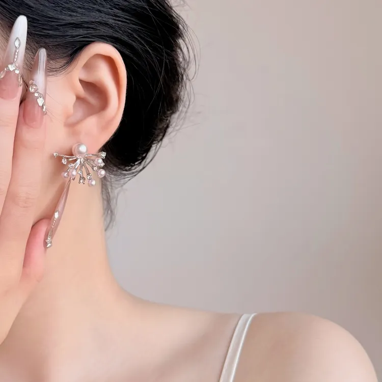 锌合金锆石耳饰 高级感粉光珍珠锆石烟花耳钉女甜美轻奢时尚耳饰