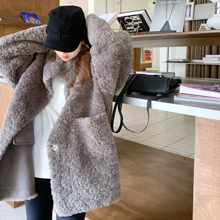 皮毛一体仿羊羔毛外套女秋冬季慵懒风灰色皮草毛茸茸大衣中长款