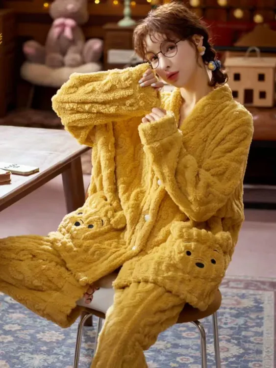 YY甜美春秋珊瑚绒女士睡衣女家居服套装冬款家居服加绒