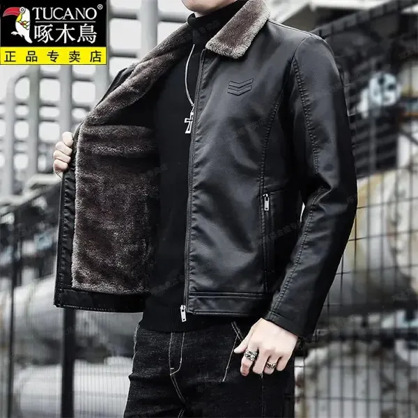 啄木鳥皮衣男士加绒加厚皮夹克外套秋冬季百搭爸爸休闲保暖翻领男
