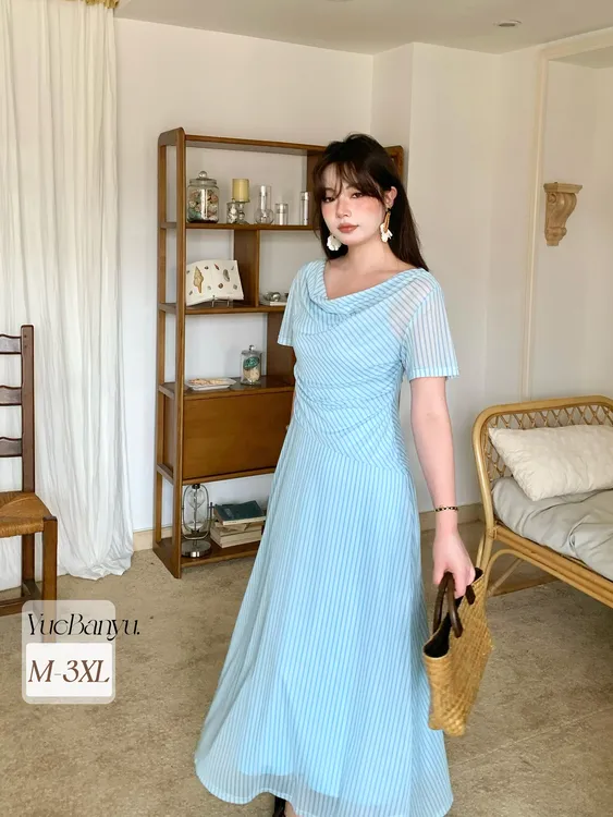 月半鱼【半夏风铃】夏季气质南法薄款收腰显瘦一字肩条纹长裙夏