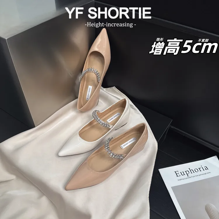 浅口水钻内增高纯欲仙女显气质软漆皮法式一字带平底单鞋淑女鞋