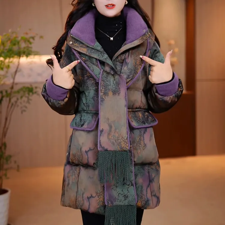 花色气质帽子围巾可拆卸棉服女2025冬季新款宽松高端精致洋气外套