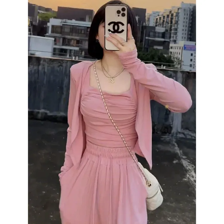 2024秋休闲时尚显瘦套装韩系防晒开衫吊带背心高腰直筒长裤三件套