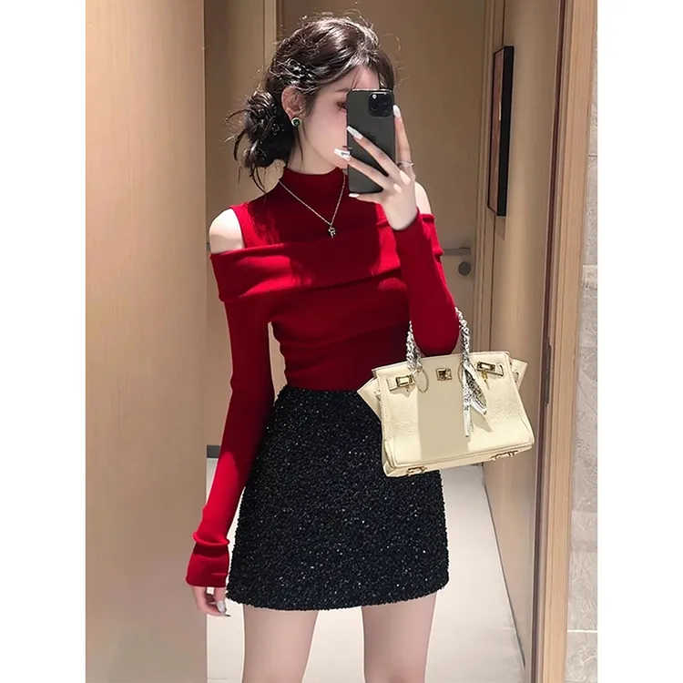 圣诞战袍秋冬贵气千金穿搭红色毛衣服本命年针织亮片连衣裙套装女