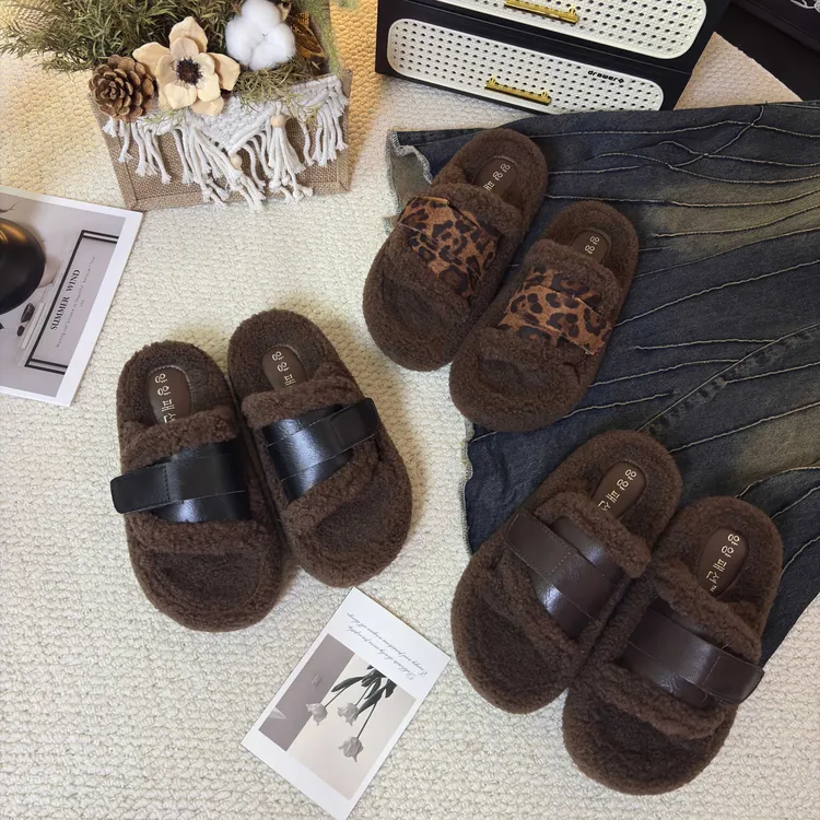 2025秋冬新款魔术贴一字带时尚网红百搭气质舒服爆款厚底毛拖鞋女