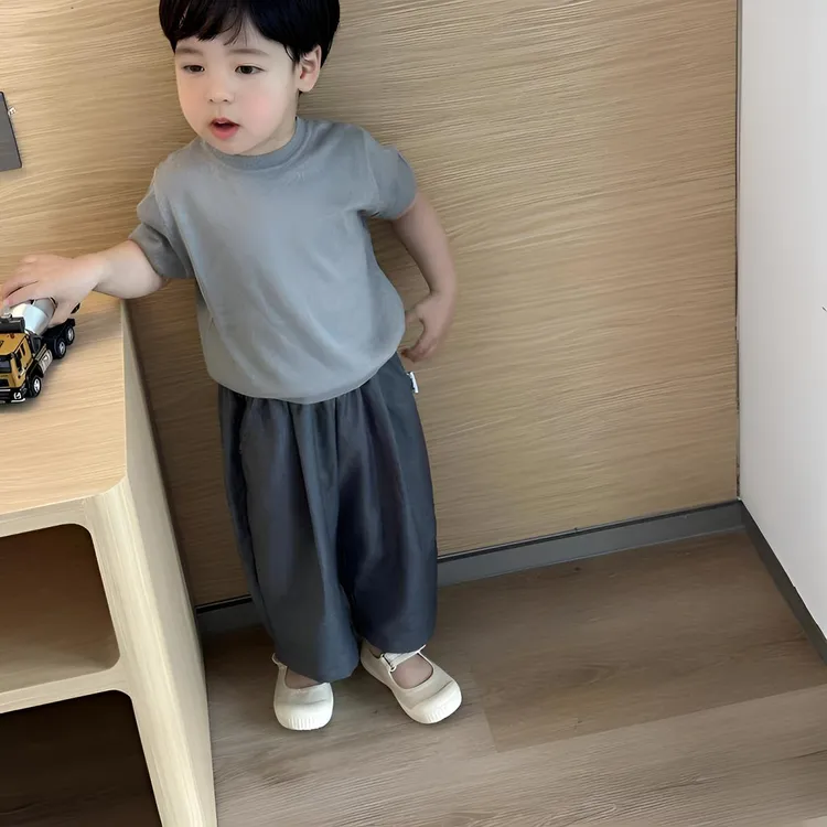 儿童夏季新款西装阔腿裤冰丝上衣套装宝宝夏装日系休闲九分裤短袖