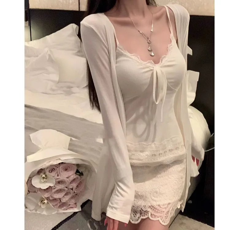 溪溪靓衫 柔欲白开水*原创纯欲气质蕾丝花边收腰百搭内搭吊带套装