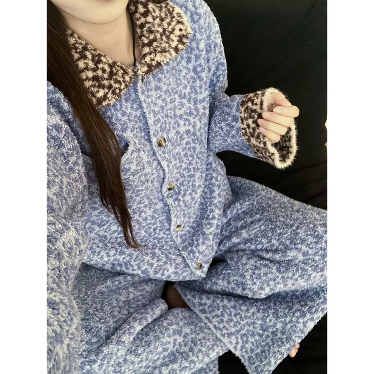 韩系复古豹纹拼接半边绒睡衣女秋冬新款加厚保暖家居服套装可外穿