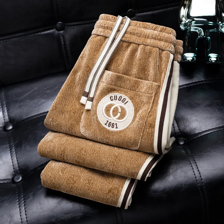 秋冬厚款雪尼尔灯芯绒保暖休闲裤男士时尚撞色织带修身百搭直筒裤