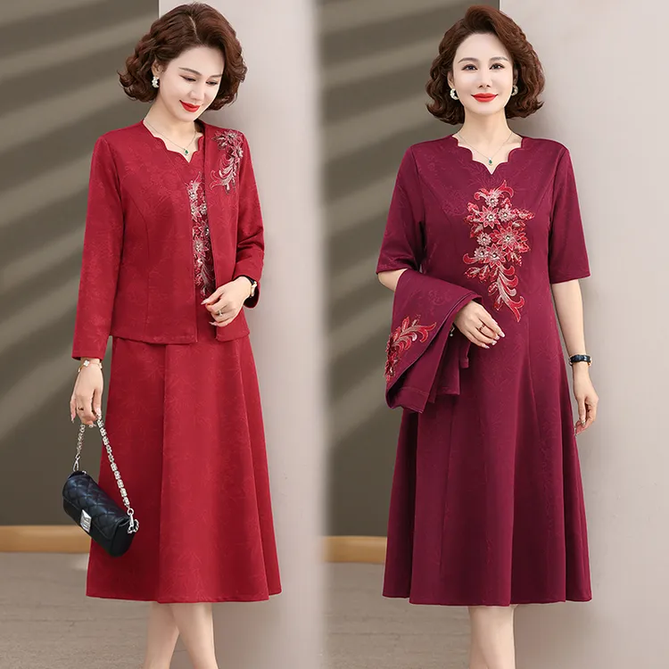 妈妈春秋高档礼服连衣裙中老年女装喜婆婆婚宴装绣花两件套中长款
