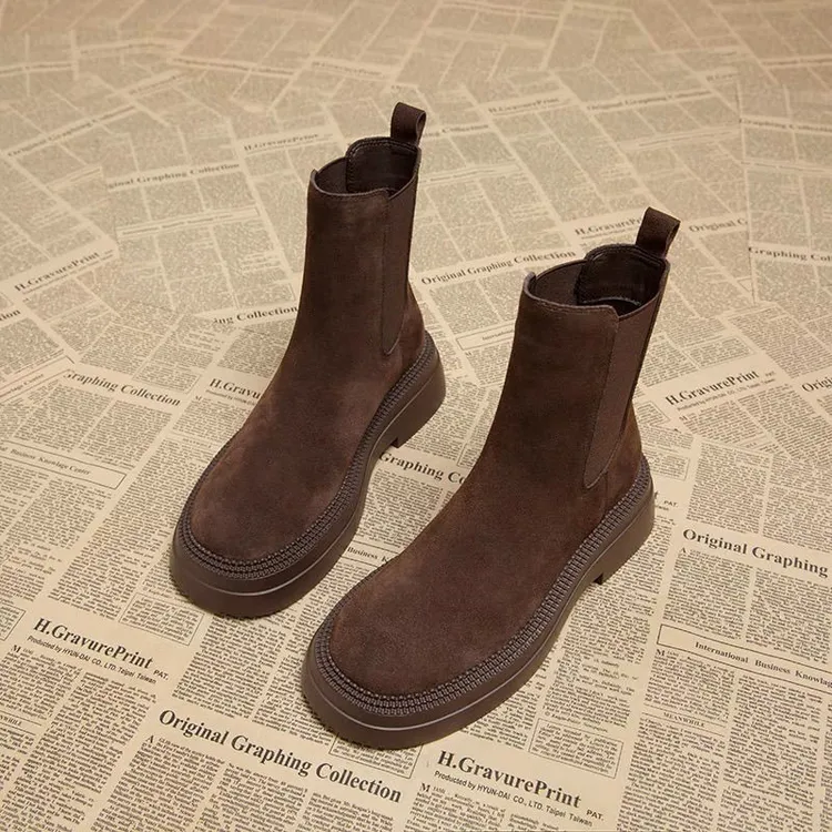 时尚百搭反绒弹力瘦瘦靴秋冬中跟女靴厚底短筒复古中跟切尔西靴子