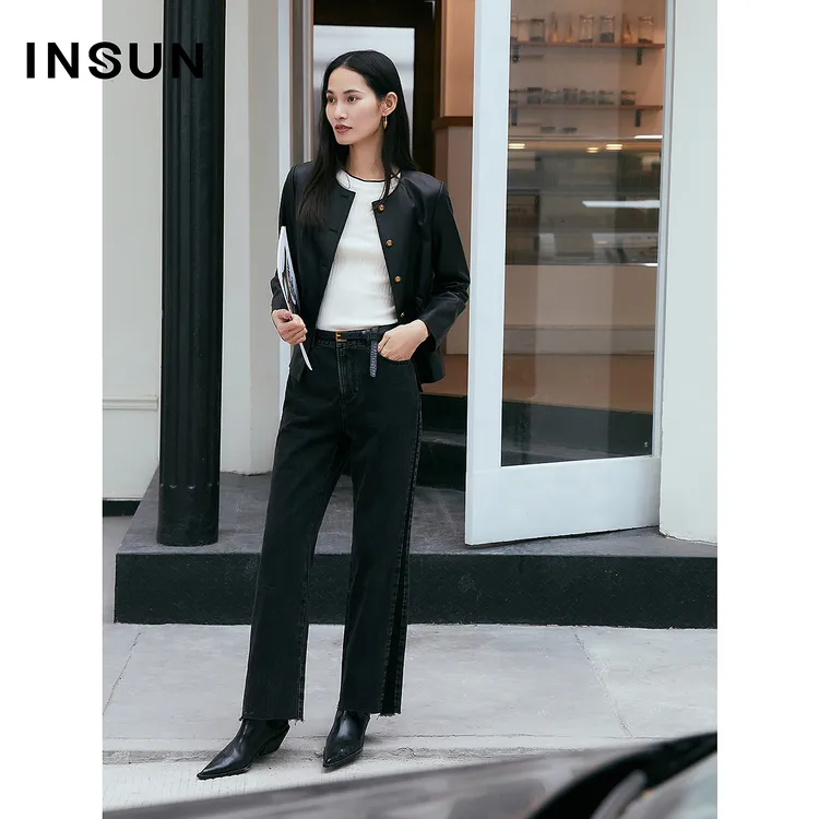 INSUN恩裳专选2025春季收腰抽褶绵羊皮真皮外套