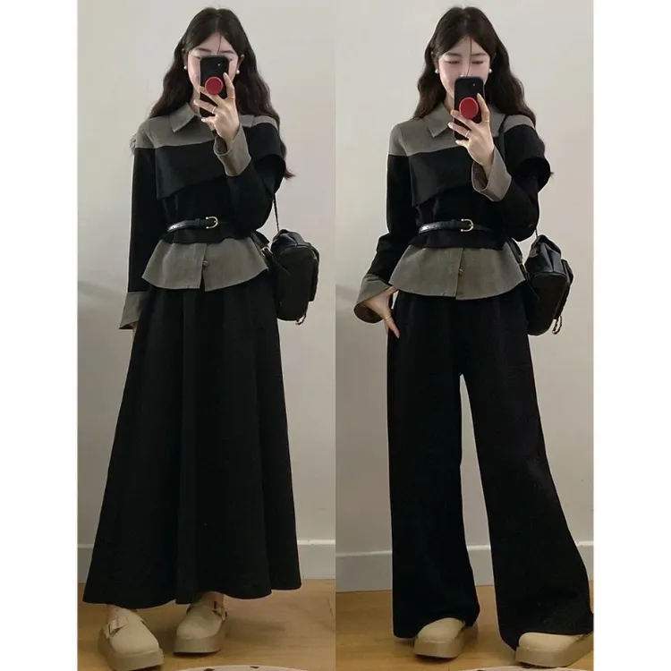 MO88ZSPF大码女装胖mm春秋牛仔拼接假两件上衣裙子裤子两件套装