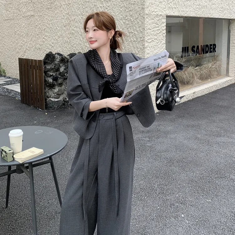 深灰色职业西装阔腿裤套装2025新款女初春秋大方得体高级感一整套