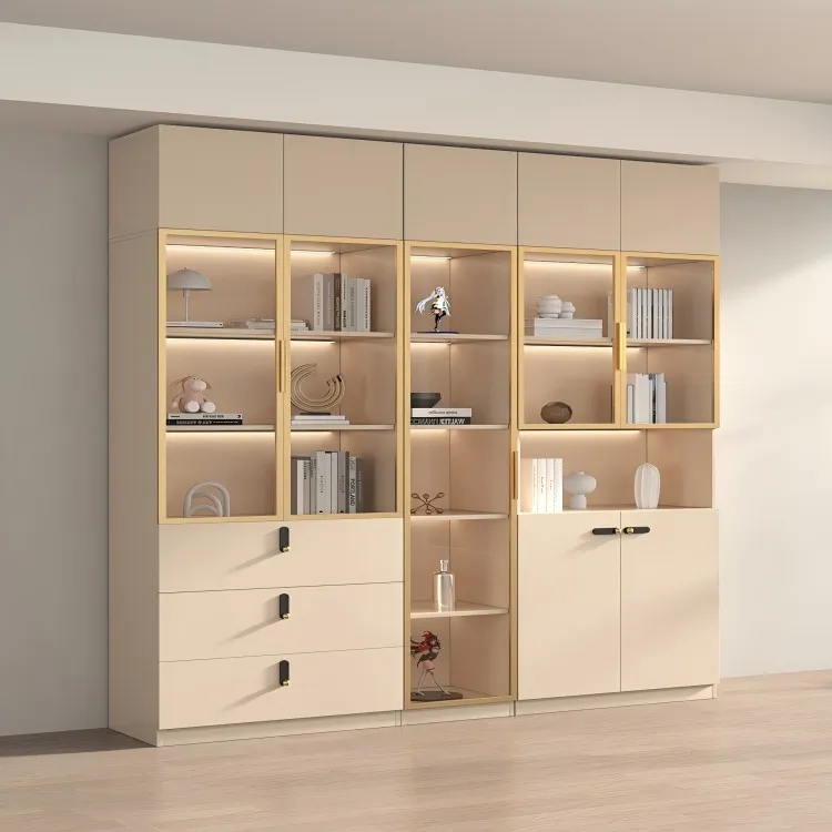 实木书柜一体整墙到顶定制柜子带玻璃门手办展示柜落地收纳置物柜