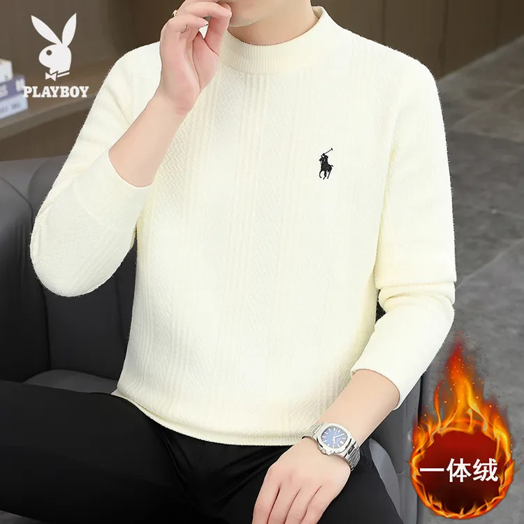 花花公子新款毛衣男加绒加厚高档秋冬季半高领一体针织保暖打底衫