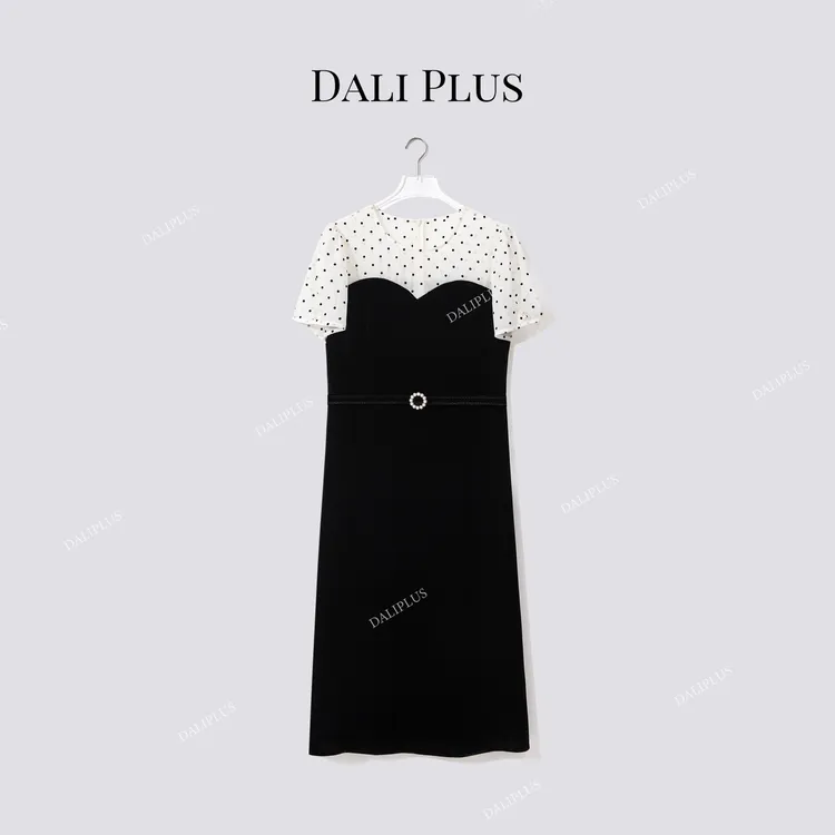 DALI PLUS“重磅真丝丝绒连衣裙”软纱波点拼接连衣裙-D5ST1260