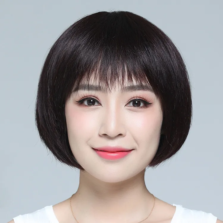 全头套真人发丝短发透气蓬松波波头假发中老年女士自然妈妈发套