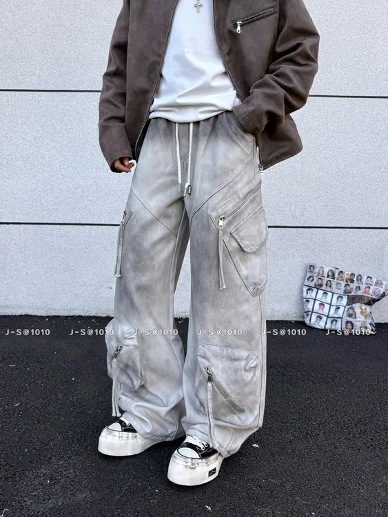 2025冬季加绒牛仔工装高街做旧水洗ins直筒长裤