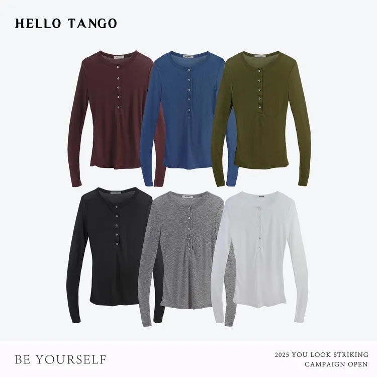 HELLOTANGO《色彩磁带》韩系复古亨利领扣子显瘦修身打底衫65955#