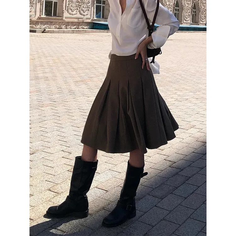 复古设计感压褶a字半身裙女秋季新款高腰显瘦立体剪裁毛呢百褶裙