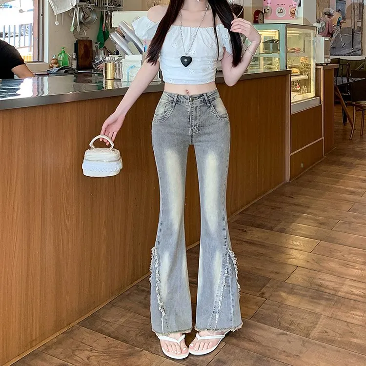 复古微喇叭牛仔裤女毛边拼接设计感休闲时尚修身显瘦直筒马蹄裤