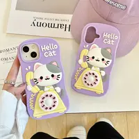 【苹果】卡通旋转打电话猫咪适用iPhone16波浪边手机壳15全包13防摔