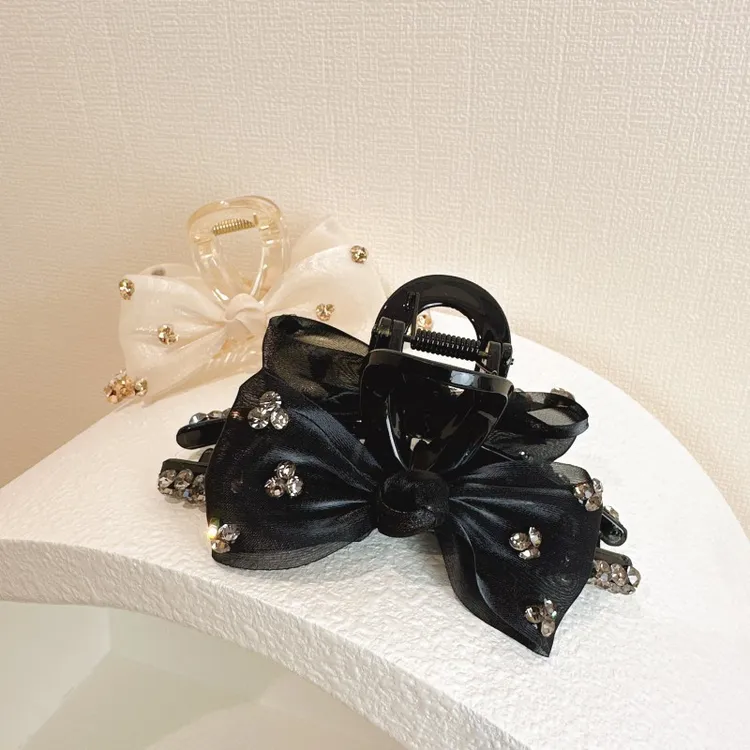 超仙欧根纱发夹后脑勺大号发抓韩国镶钻蝴蝶结网纱鲨鱼夹头饰抓夹