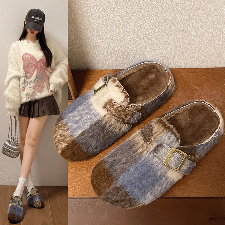 时尚街头复古创意拼色格子棉拖鞋保暖外穿防滑女士冬季平底勃肯鞋