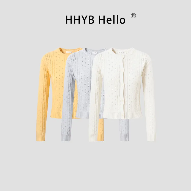 HHYB Hello镂空设计麻花圆领白色上衣2025秋甜美针织开衫女M1358