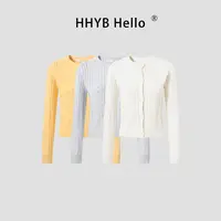 HHYB Hello镂空设计麻花圆领白色上衣2025秋甜美针织开衫女M1358