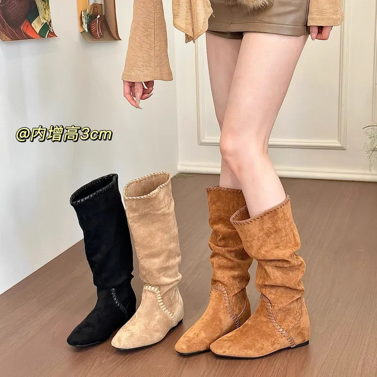 titing秋冬马卡龙！辣妹绒面方头编织翻折堆堆靴女秋内增高长筒靴