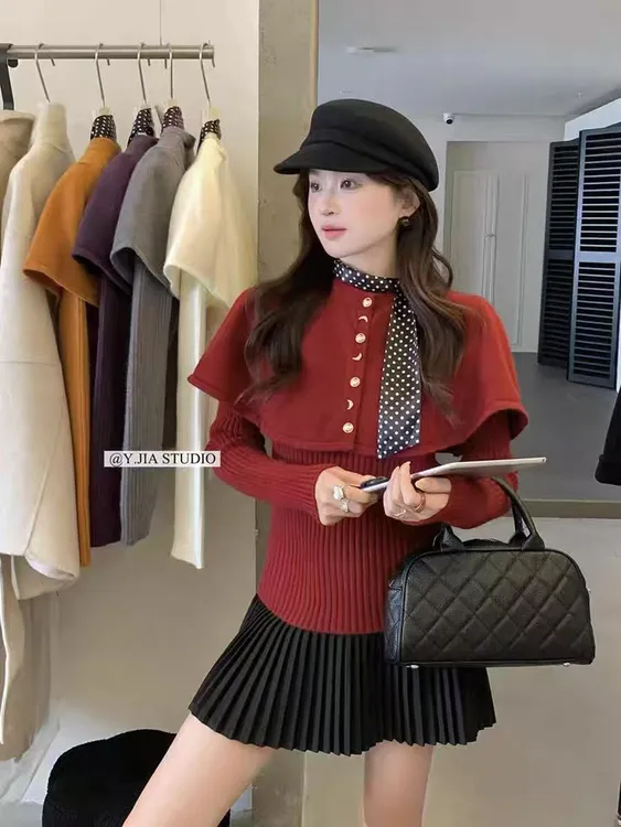 秋冬季新款韩系慵懒风减龄显瘦穿搭斗篷针织毛衣套装上衣