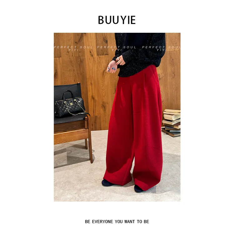 BUUYIE【雅燃】绵羊毛阔腿裤长裤休闲裤冬季年货百搭新款251407