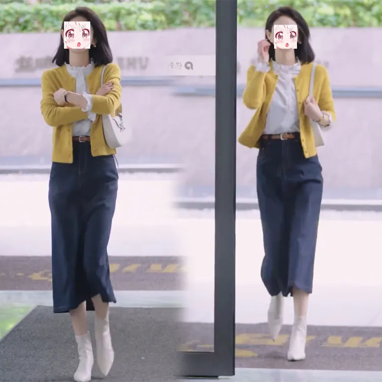 2025秋季韩版长袖毛衣开衫花边衬衫半身裙子显瘦气质减龄三件套装